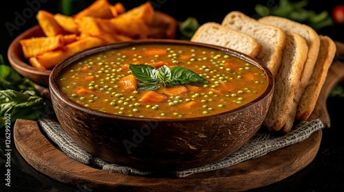 Indonesian bubur kacang hijau with mung beans, coconut milk, and palm sugar syrup, served in a rustic bowl 