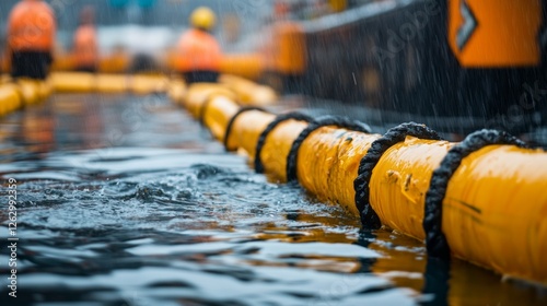 Oil spill response equipment shows containment booms on the water's surface. Workers in safety gear are actively engaged in mitigation efforts to manage environmental impact.