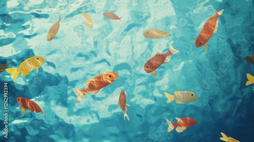 School of Colorful Fish Swimming in Clear Blue Water, Underwater Scene.