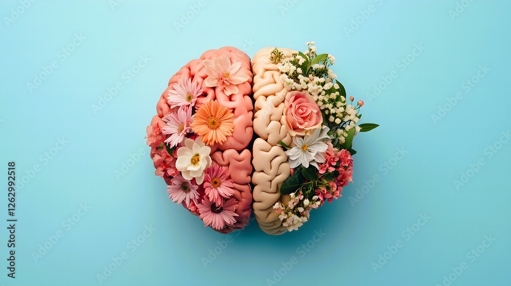 Brain in pastel colors with various flowers on a pastel blue background. Minimalistic, mental health concept.