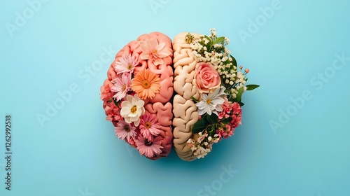 Obraz na płótnie Brain in pastel colors with various flowers on a pastel blue background. Minimalistic, mental health concept. w salonie