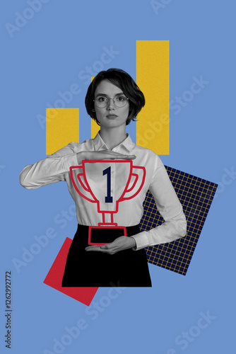 Composite sketch image design trend collage of leadership goal win awesome aim best challenge victory young lady hold goblet first place