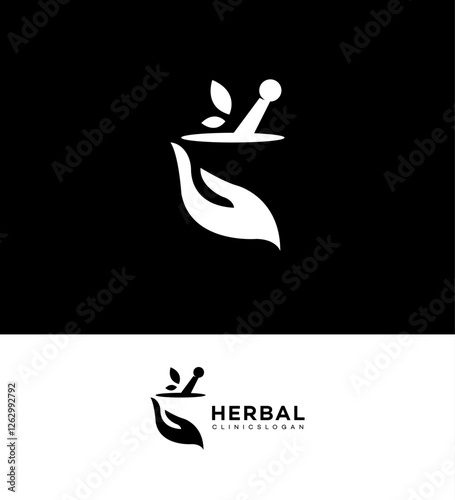 Herbal Medicine Logo Design Mortar, Pestle, Leaves, Hands, Care
