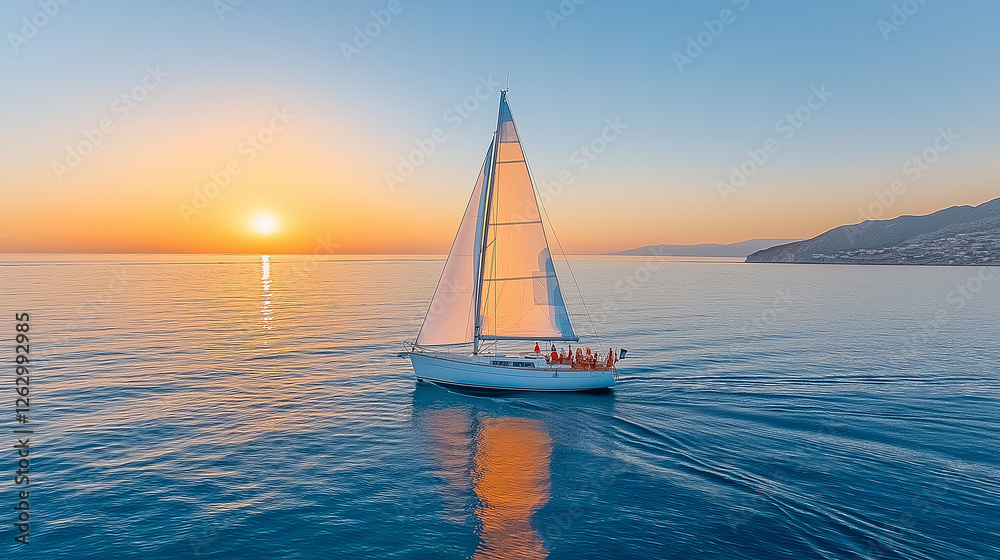Fototapeta premium A sailboat gracefully sailing on the water during a sunset. The sky is painted with orange and yellow as the sun descends near the horizon, shimmering reflection on the calm sea.