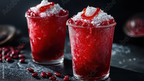 Indonesian es kacang merah with red beans, shaved ice, coconut milk, and palm sugar syrup, served in a traditional glass