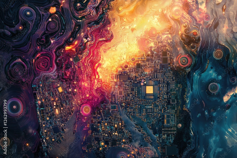Fototapeta premium Abstract artwork depicting a circuit board overlaid with swirling, cosmic nebulae, blending technology and nature.