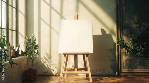 Bright Interior with Blank Canvas on Easel, Window Light, and Artistic Ambiance