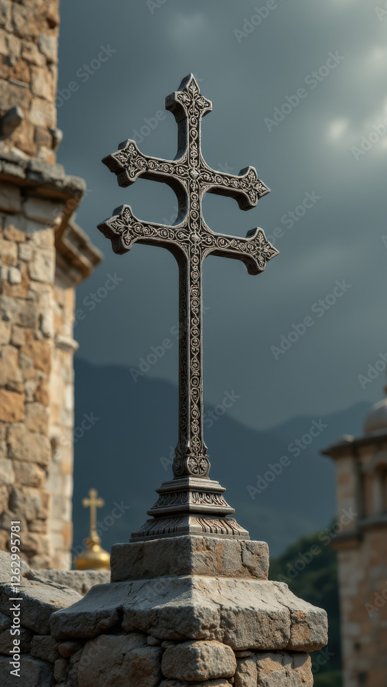 An ancient crucifix atop a stone church with mountains in the background. An ancient crucifix atop a stone church with mountains in the background.