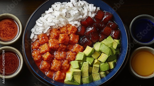 Indonesian es teler with avocado, coconut, and jackfruit topped with shaved ice, presented in a modern bowl with colorful syrups 