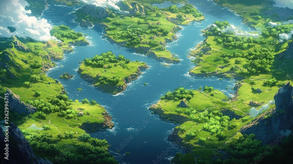 Aerial View of Vibrant Fantasy Landscape with Waterways Islands Lush Forests and Mountains Aerial View of Vibrant Fantasy Landscape with Waterways Islands Lush Forests and Mountains