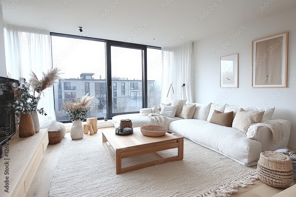 Fototapeta premium Modern living room with large windows and cozy decor showcases a minimalist design in natural tones