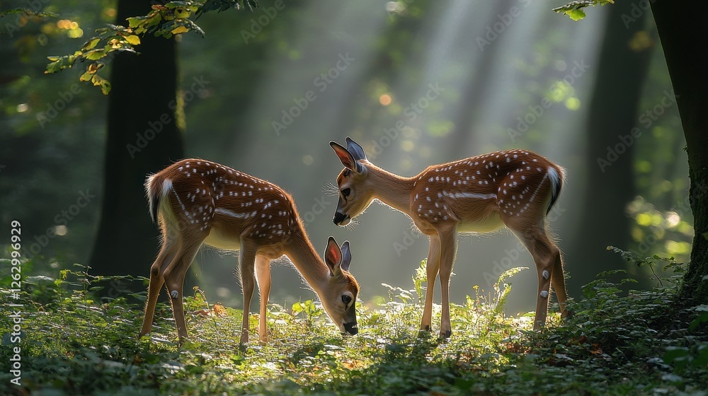 Two fawns graze in sunlit forest; peaceful nature scene Two fawns graze in sunlit forest; peaceful nature scene