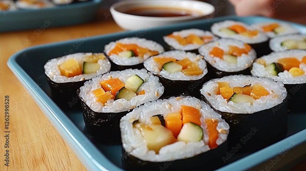 A tray of Korean yuba rolls stuffed with vegetables, served with a light soy dipping sauce A tray of Korean yuba rolls stuffed with vegetables, served with a light soy dipping sauce