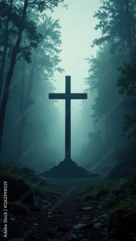 Naklejka premium An artistic depiction of a Christian cross standing prominently on a foggy forest floor at night, symbolizing faith in darkness.