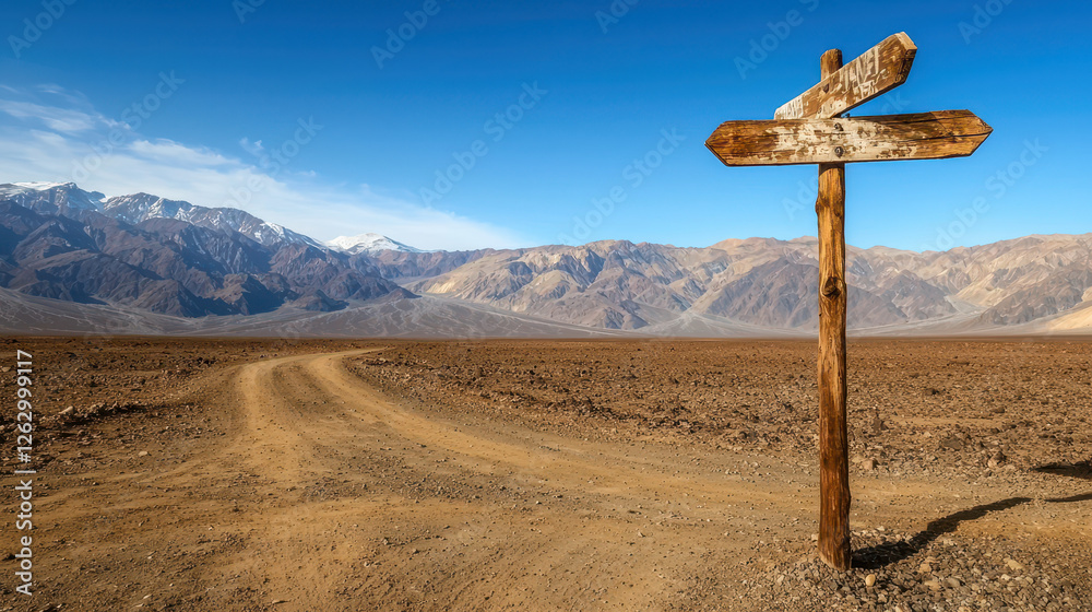 rustic weathered signpost stands at crossroads in vast desert landscape, surrounded by mountains and clear blue skies rustic weathered signpost stands at crossroads in vast desert landscape, surrounded by mountains and clear blue skies