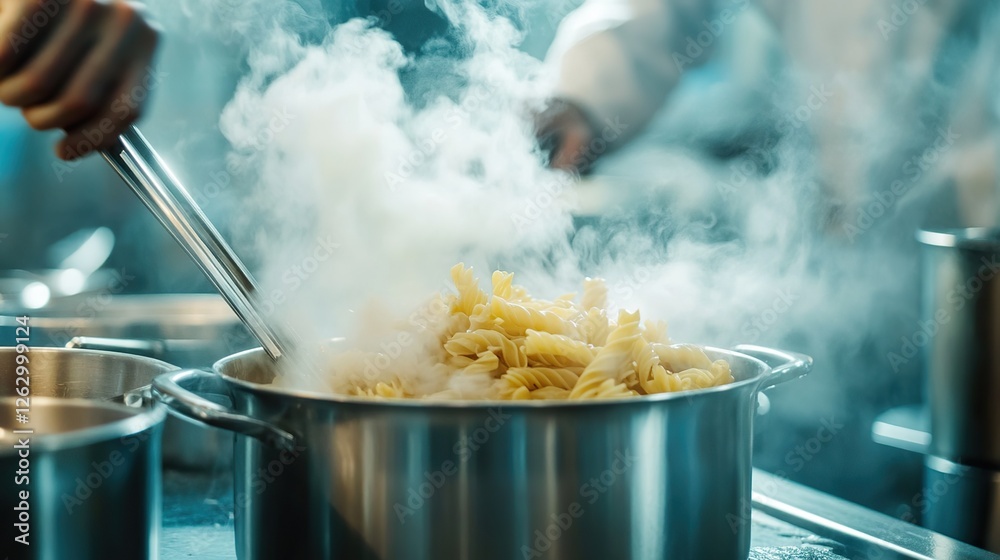 A professional chef cooking pasta in a stainless steel kitchen, steam rising from the pot. A professional chef cooking pasta in a stainless steel kitchen, steam rising from the pot.
