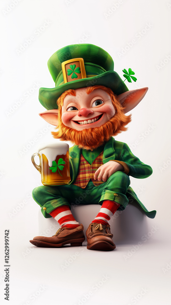 Fototapeta premium Happy Leprechaun in green suit and hat sits happily, holding a frothy mug of beer adorned with a shamrock. St. Patrick’s Day festivity concept. Vertical, side view.