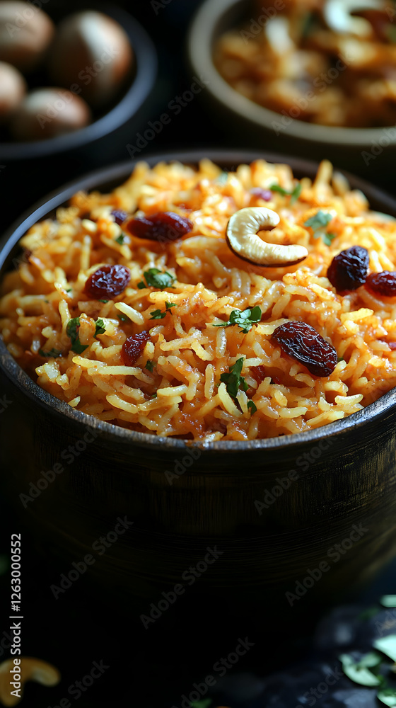 Closeup View Of Sweet Rice Dish In Brown Bowl With Raisins And Cashews Closeup View Of Sweet Rice Dish In Brown Bowl With Raisins And Cashews