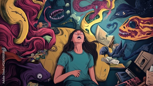 A surreal, artistic depiction of a person struggling with depression and anxiety, hands on their head, surrounded by chaotic and dark elements representing inner turmoil and overthinking.