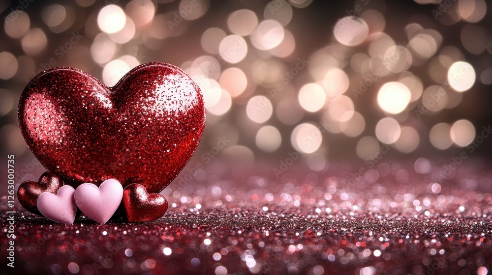 Glittering Red Hearts on a Shimmering Background with Bokeh Lights for Valentine's Day