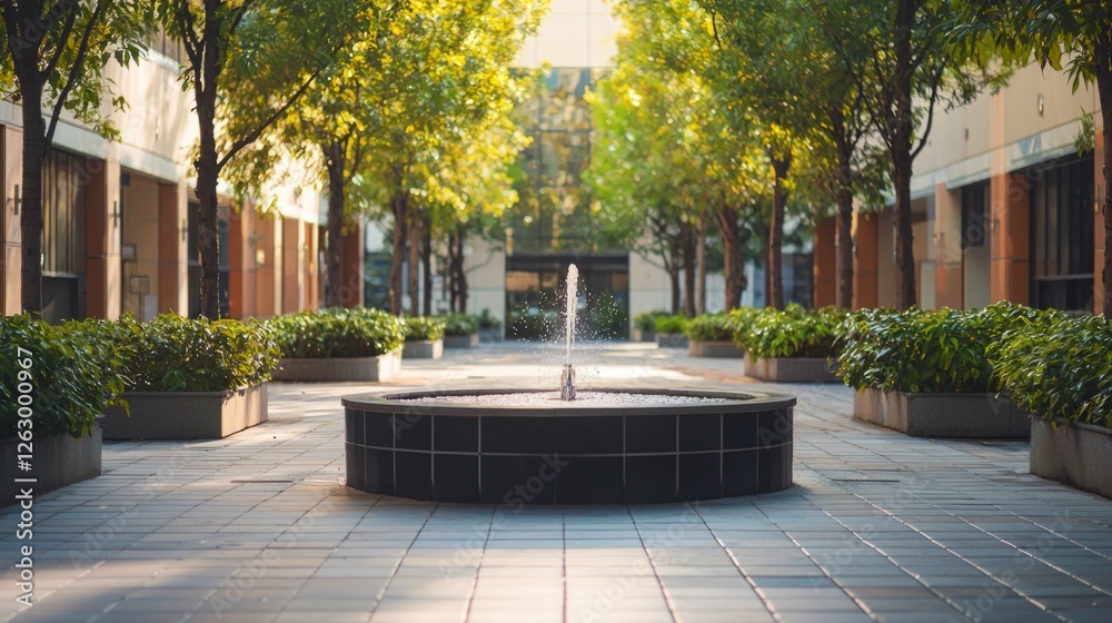 Obraz premium Serene Urban Fountain Surrounded by Lush Green Trees and Plants