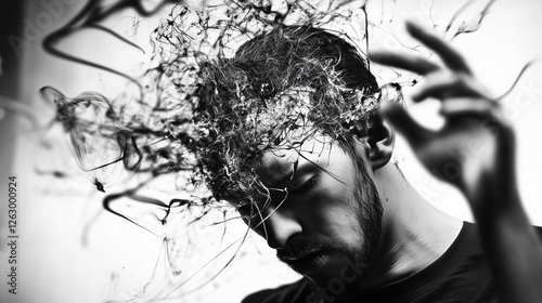 A surreal, artistic depiction of a person struggling with depression and anxiety, hands on their head, surrounded by chaotic and dark elements representing inner turmoil and overthinking.