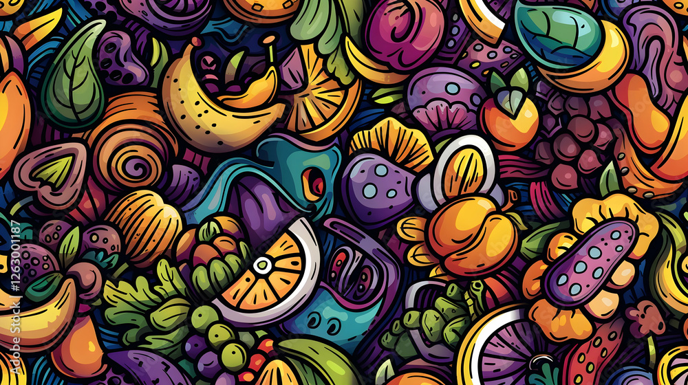 Naklejka premium Vibrant assortment of fruits and sweets in a colorful pattern with intricate details and textures
