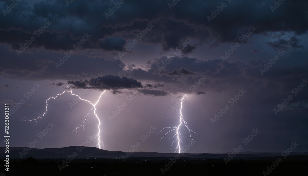 Thunderstorm with lightning striking mountains under dark clouds Thunderstorm with lightning striking mountains under dark clouds