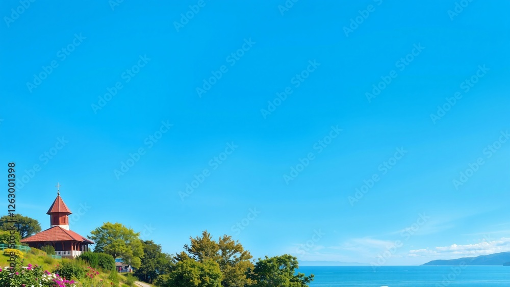 Serene Lakeside Gazebo Tranquil Summer View with Vibrant Blue Sky Serene Lakeside Gazebo Tranquil Summer View with Vibrant Blue Sky