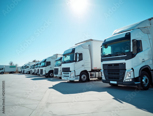 Row of Large White Trucks Parked on a Well-Maintained Paved Lot photo