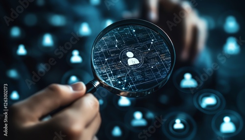 Business professionals using a magnifying glass to search for talent
