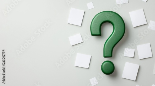 A green question mark on a light background, surrounded by small white squares, symbolizes inquiry and curiosity.