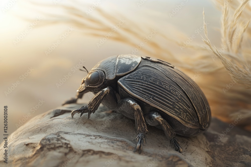 Naklejka premium A dark, metallic beetle with intricate details crawls on a textured rock surface, bathed in warm sunlight.