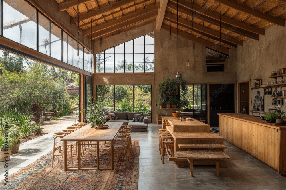 Modern rustic interior design of a spacious dining area in a serene home surrounded by greenery Modern rustic interior design of a spacious dining area in a serene home surrounded by greenery