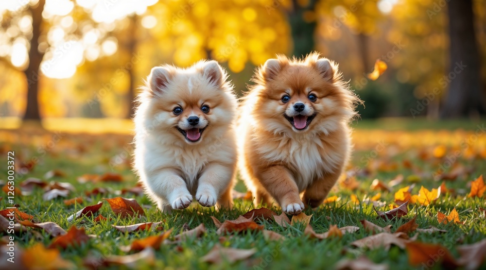 Two cheerful Pomeranian dogs running together in a sunny park filled with autumn leaves Two cheerful Pomeranian dogs running together in a sunny park filled with autumn leaves
