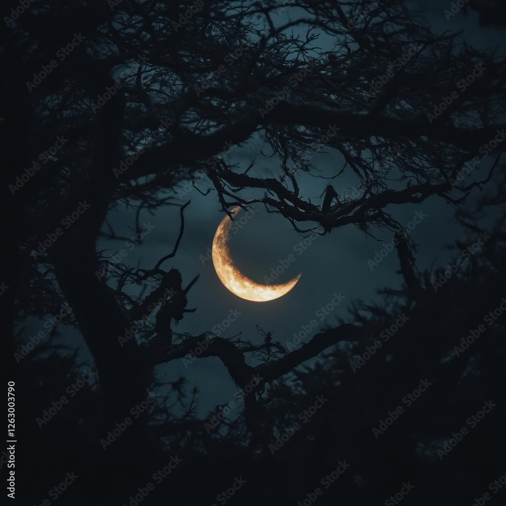 Fototapeta premium Crescent Moon Glows Through Bare Tree Branches at Night