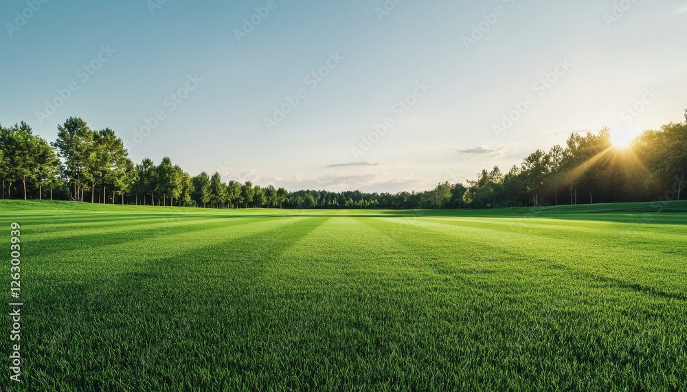 Lush green grass field under clear sky with sunlight shining Lush green grass field under clear sky with sunlight shining