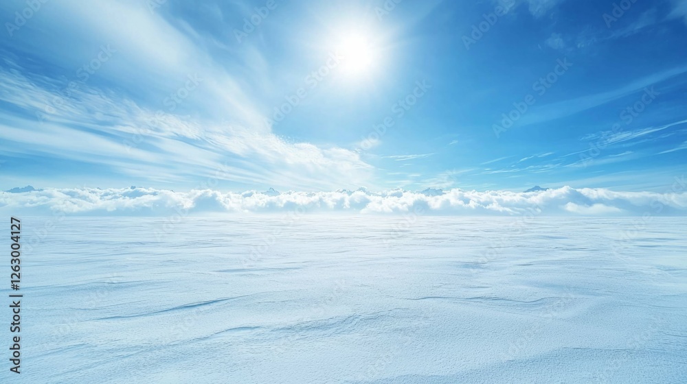 Bright Winter Landscape with Clouds and Blue Sky Above Snowfield