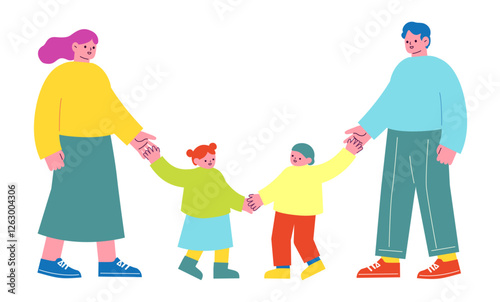 家族のベクターイラスト。子育てをする男女のカップルと、その子供。手を繋いでいる親子のフラットデザインイラスト。