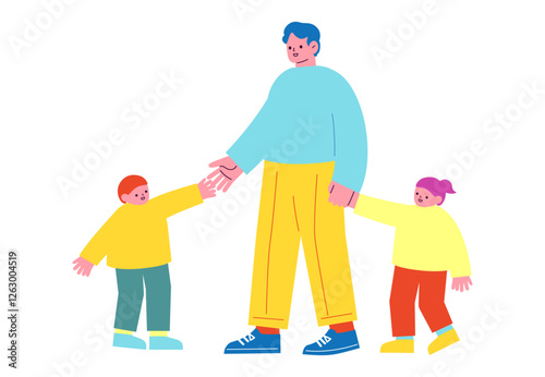 子育てをする男性と、その子供。手を繋いでいる親子のフラットデザインイラスト。家族のベクターイラスト。