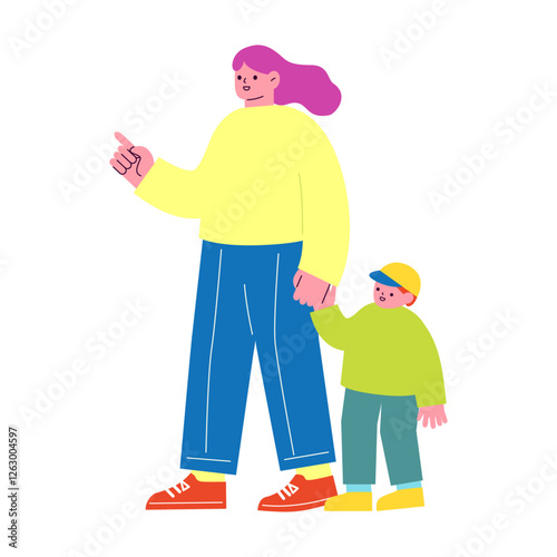 手を繋いでいる親子のフラットデザインイラスト。子育てをする女性と、その子供。家族のベクターイラスト。
