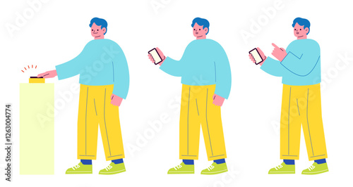 キャッシュレス決済をしている男性のフラットイラスト。スマートフォンをかざして電子チケットでチケットレス入場するイメージのベクターイラスト。