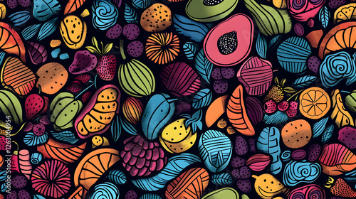 Vibrant illustration of assorted fruits and vegetables on a dark background, showcasing colorful patterns (1)