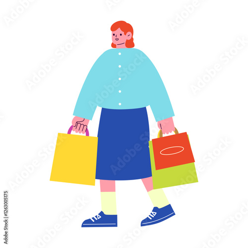 買い物を楽しむ女性のベクターフラットイラスト。沢山の紙袋を持って歩く人。