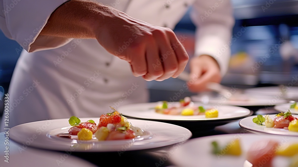 A chef focused on plating food, using fine dining techniques to create an elegant dish. A chef focused on plating food, using fine dining techniques to create an elegant dish.