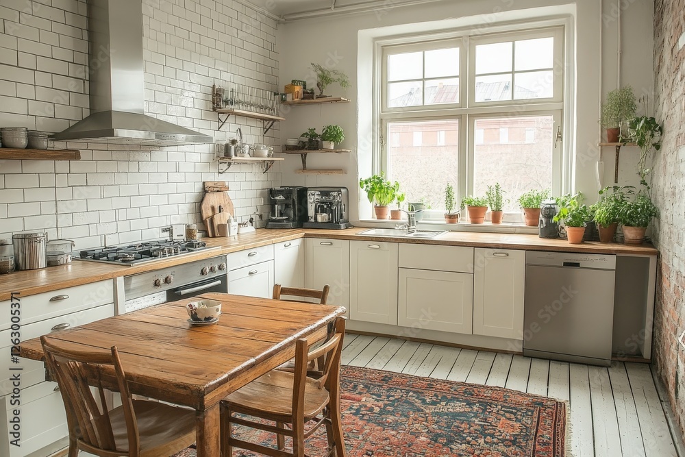 Fototapeta premium Bright and cozy kitchen with plants and wooden accents in a sunny urban setting