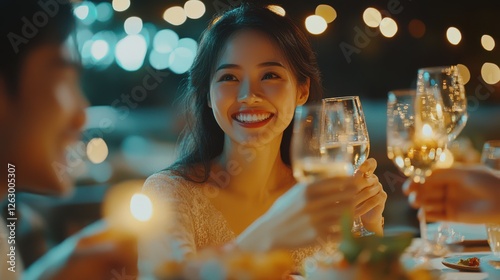 Close-up friendship moments with Thai and East Asian adults clinking glasses, sharing laughter at a dinner party, celebrating life and friendship moments together