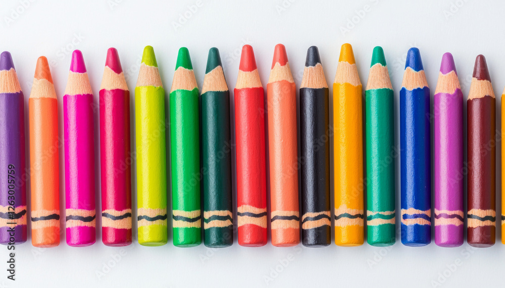 Fototapeta premium Colorful crayons arranged in row, showcasing vibrant hues and textures