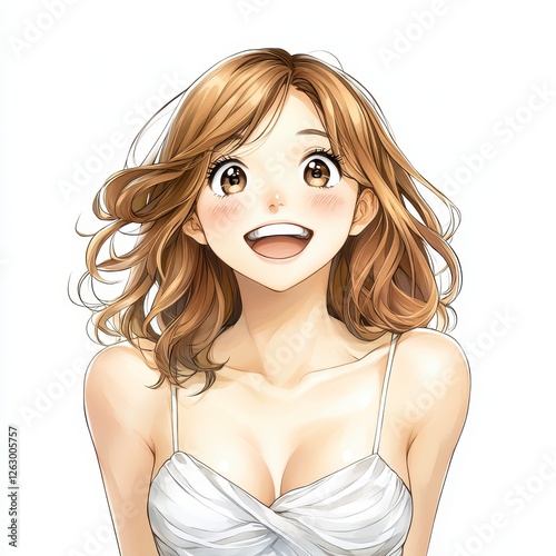 Joyful Young Woman Looking Upward in White Dress