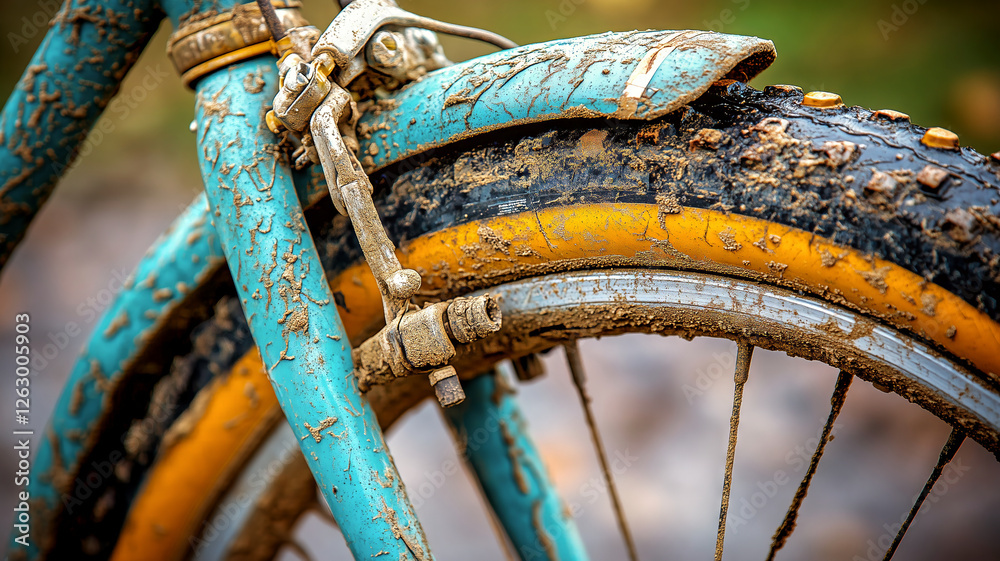 Naklejka premium Muddy bicycle wheel and fender after off road cycling adventure